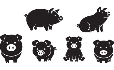 Six black pig silhouettes vector collection. Includes adult pigs standing and sitting, and cute piglets in various poses. Created in a flat, solid black style. © Shanza