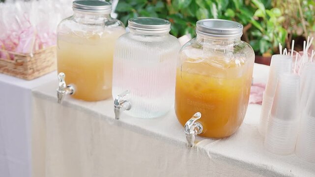 Jars of colorful baptismal juice outdoors, joyful and festive atmosphere