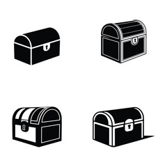 Treasure chest silhouette icon set featuring classic storage box shapes.