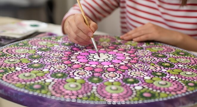 A person creating a vibrant and intricate mandala painting with a brush