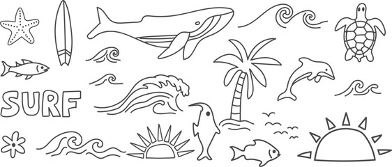 Hand drawn doodle beach For summer tropical ocean illustration set with whale, dolphin, turtle, surfboard, palm tree, waves and sunset for summer designs, t-shirts, posters, and placard prints.