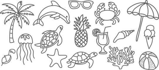 Hand drawn doodle beach For summer tropical marine set with palm tree, dolphin, turtle and cocktail, perfect for summer designs, t-shirts, posters, and placard prints.