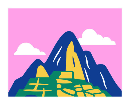 Machu Picchu Postage Stamp Illustration, Ancient Incan Landmark Vector in Peru, World Travel Icon