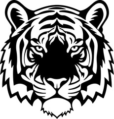 Fototapeta premium Vector illustration of a tiger's face viewed directly, showcasing its detailed fur texture and piercing eyes, highlighting wildlife and animal artistry