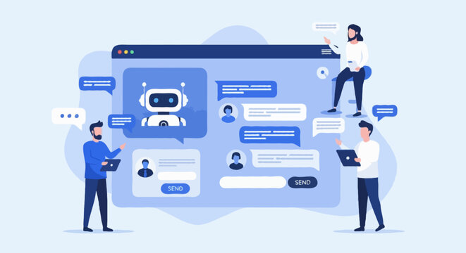Flat vector illustration of team monitoring AI chatbot system on website interface