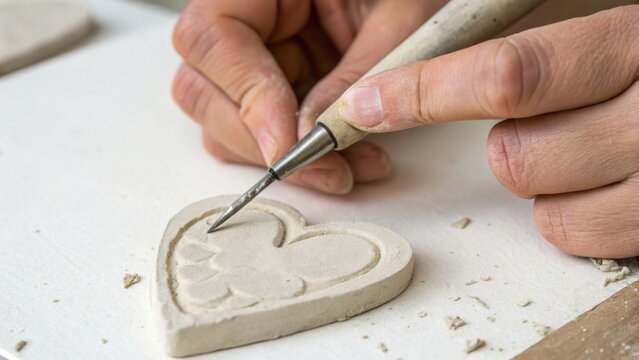 A person carves a heart shape into a piece of soft stone or plaster using a hand chisel on a work surface with dust and small debris.