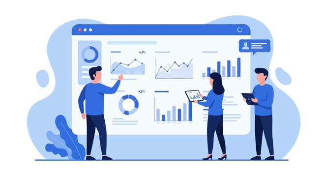 Flat vector illustration of team analyzing AI powered data analytics dashboard with charts and KPI graphs on large white interface panel