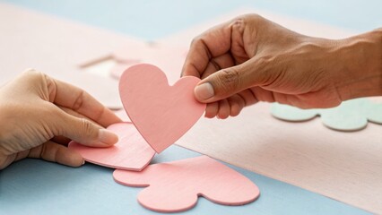 Fototapeta premium Hands holding a pink heart-shaped puzzle piece, fitting it into a matching puzzle on a light surface, symbolizing connection, love, and unity.