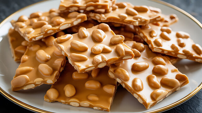 A plate of peanut brittle candy pieces with golden-brown sugar coating and embedded peanuts