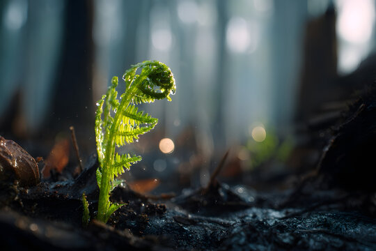 A single, vibrant green fern unfurling from a bed of pitch-black charred earth and gray ash