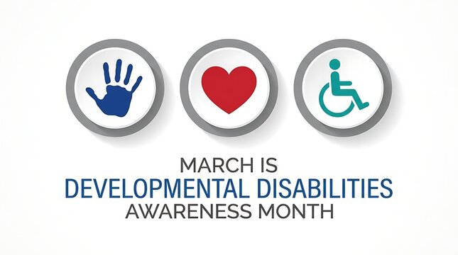 March is developmental disabilities awareness month with icons representing inclusion support and care for people with disabilities awareness