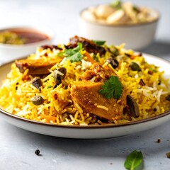 A plate of yellow rice and meat garnished with green herbs