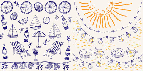 Summer themed sketches featuring citrus fruit boats and beach elements © ShibuProsad