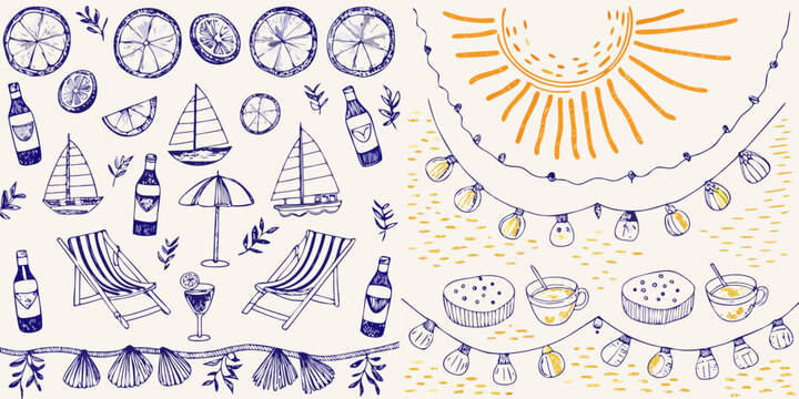 Summer themed sketches featuring citrus fruit boats and beach elements