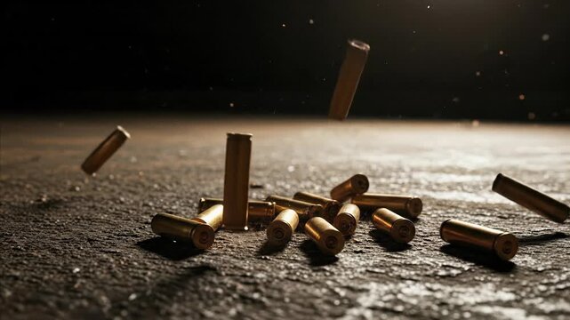 Golden Bullet Casings Falling and Clattering on Textured Ground