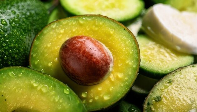 Fresh avocado slices with pit, a healthy and delicious treat.