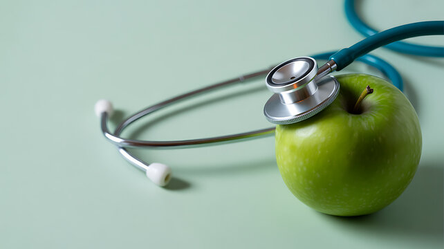 A stethoscope resting on a green apple against a light green background, symbolizing health and wellness.