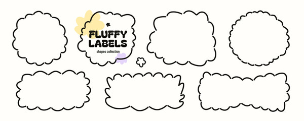 Black outlined fluffy label frames in various rounded shapes.
Sticker bubble border with line doodle element and background white decorative. Banner tag with contour simple.