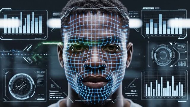 Man's face covered in a glowing blue digital grid for biometric scanning