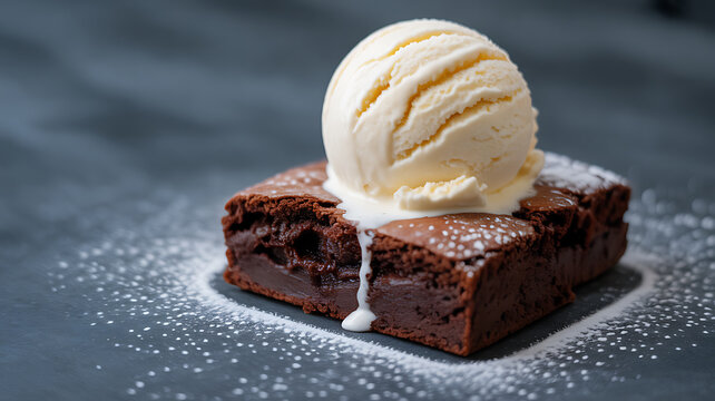 A rich chocolate brownie topped with a scoop of vanilla ice cream, dusted with powdered sugar on a dark surface.