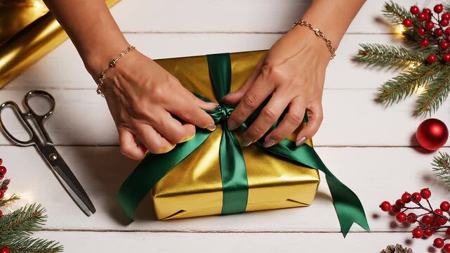 Woman wrapping a Christmas gift with green ribbon on a wooden table.