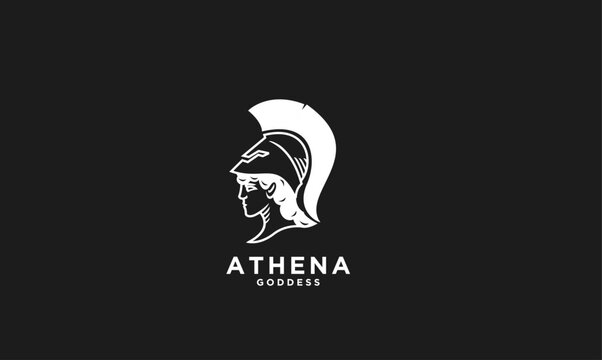 Stylized white silhouette of ancient Greek goddess Athena in a Corinthian helmet, iconic logo design.