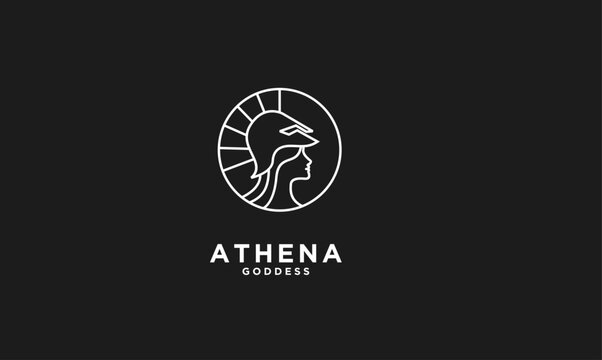 Athena Goddess Monoline Logo Design - Ancient Greek Warrior Woman with Helmet in Circle