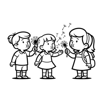 Children blowing dandelion seeds in black and white illustration  