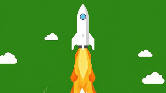 A white cartoon et takes off from a launchpad with fire and smoke against