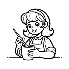 Girl painting on ceramic mug and smiling in simple line art style  