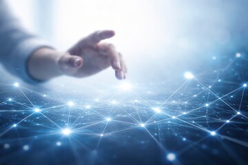 Hand reaching out to connect with glowing network nodes and lines in a futuristic digital interface  technology concept JPG image
