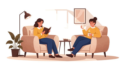 Fototapeta premium Two Women Relaxing on Sofas Reading Books.