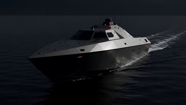 1. Futuristic Stealth Military Patrol Boat Navigating Dark, Mysterious Waters at Night | Advanced Naval Vessel