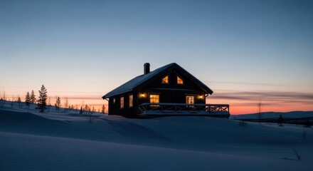 Obraz premium A cozy cabin glows warmly against a twilight sky, surrounded by snow-covered terrain