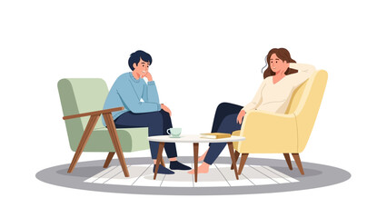Fototapeta premium Man and Woman Sitting in Armchairs Talking.