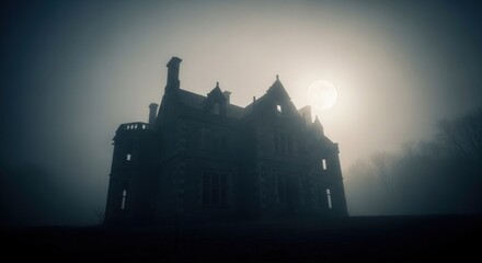 Obraz premium A dark, gothic mansion silhouetted against a misty moonlit sky. Fog shrouds the grounds