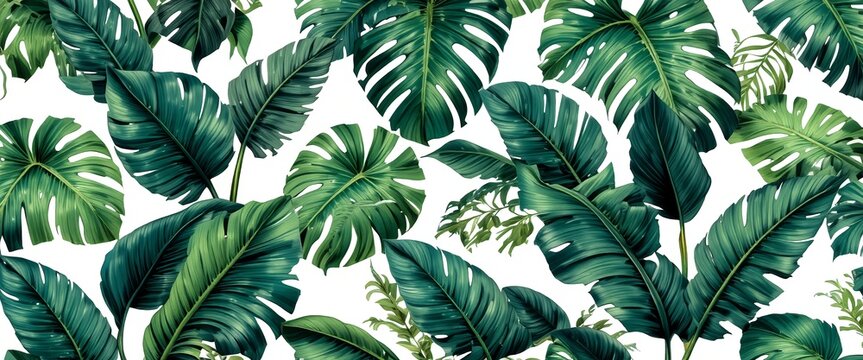 Seamless tropical pattern with lush palm leaves, monstera and banana leaves, vibrant green tones, white background