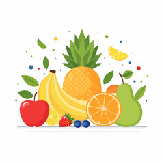 A vibrant assortment of fresh, ripe fruits including apples, bananas, strawberries, and citrus