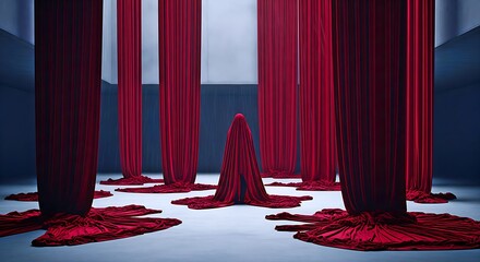 Mysterious Figure Hidden Beneath Flowing Red Velvet Curtains In Minimalist Gallery Space Dramatic Surreal Concept Of Secrecy Power And Theatrical Revelation