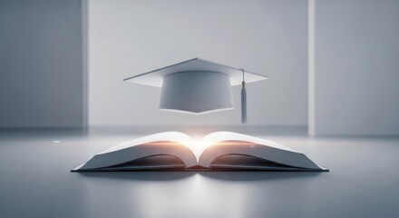 A minimalist depiction of a graduation cap floating above an open book with a bright glow