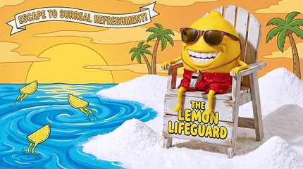 Smiling Anthropomorphic Lemon Lifeguard Relaxing On Beach Chair Watching Playful Lime Slices Splash In Turquoise Ocean With Bold Summer Advertising Message