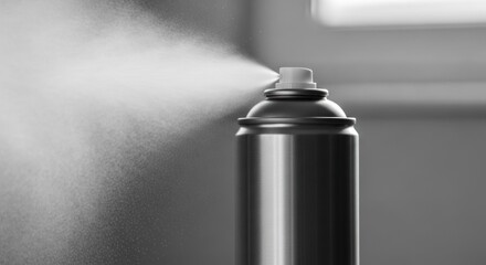 A monochrome image shows a spray can releasing a fine mist against a blurred background