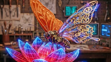 Futuristic Steampunk Mechanical Butterfly With Intricate Golden Gears And Glowing Neon Wings Resting On Digital Crystal Lotus In High Tech Workshop