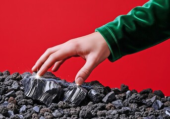 Hand Touching Shiny Black Obsidian Stone With Electric Spark On Volcanic Rocks Against Bold Red Background For Power Energy And Transformation Concept