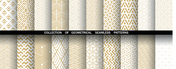 Geometric set of seamless golden and white patterns. Simple vector graphics