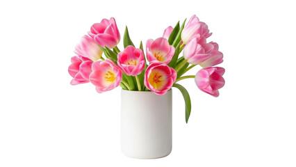 White vase with pink flowers isolated on transparent background