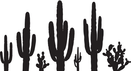 Desert Landscape with Various Cactus Silhouettes on White Background