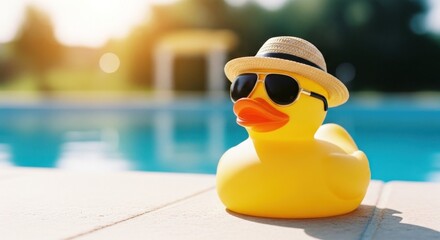 A yellow rubber duck wearing sunglasses and a hat next to a swimming pool, sunny day