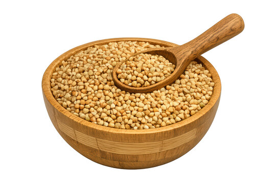 Buckwheat groats filling a wooden bowl, complemented by a wooden spoon, advocating healthy diet and organic food