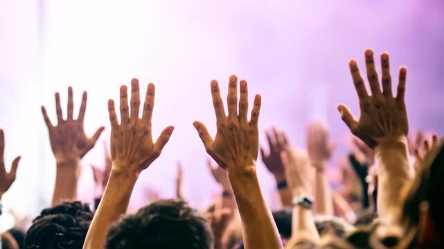 Crowd of people with hands raised in the air at a concert event